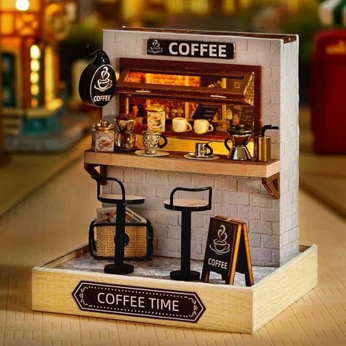 Book Nook Kit, DIY Miniature House Coffee Shop Dollhouse Kit, Creative Room Mini Wooden Doll House, Booknook Tiny House, Ideal Gifts for Birthday Valentine's Gift (Black)