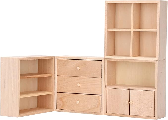 4 Pcs 1/12 Doll House Cabinet Set Simple Design Practical Lifelike Miniature Wooden Dollhouse Furniture Cabinet