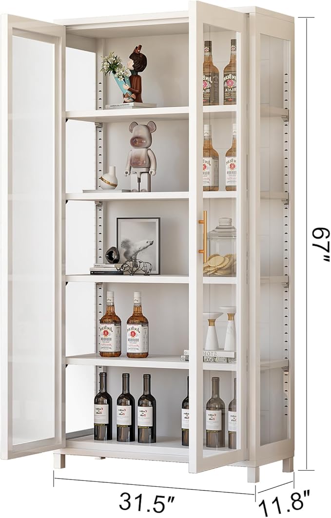 Display Cabinet with Glass Doors, 5-Tier Curio Cabinet with 4 Adjustable Shelves for Collectibles Toy Organizers Rack & Display Shelf, Kids Bookcase for Bedroom, Reading Nook, Living Room (White)