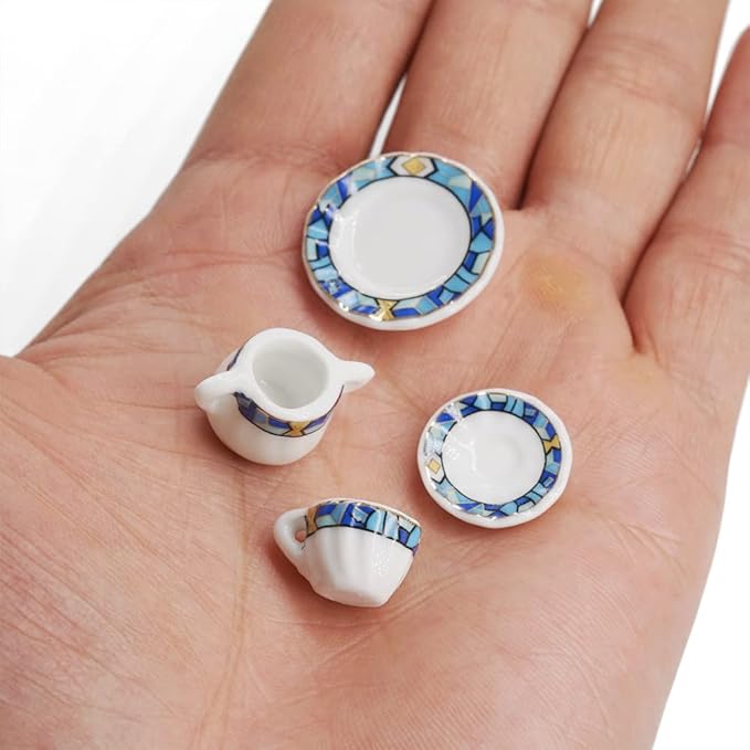 Odoria 1/12 Miniature Porcelain Tea Set 15Pcs Dollhouse Decoration Accessories, Mediterranean Blue