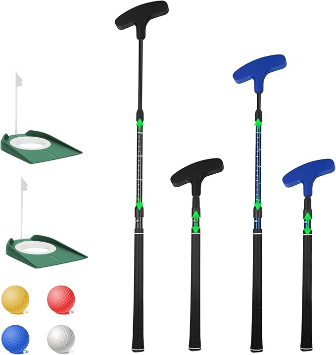 Micnaron Mini Golf Set - Two-Way Putter, Right/Left Handed, Adjustable Length for Children to Adults - 2 Golf Putters with 4 Golf Balls & 2 Cup with Flag