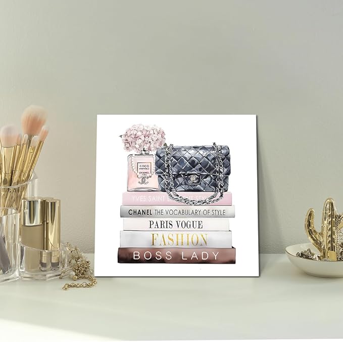 Dream Land Perfume Bottle Canvas Wall Art: Fashion 12"x12" Glam Pink Book Stack Prints for Women Bedroom Makeup Room