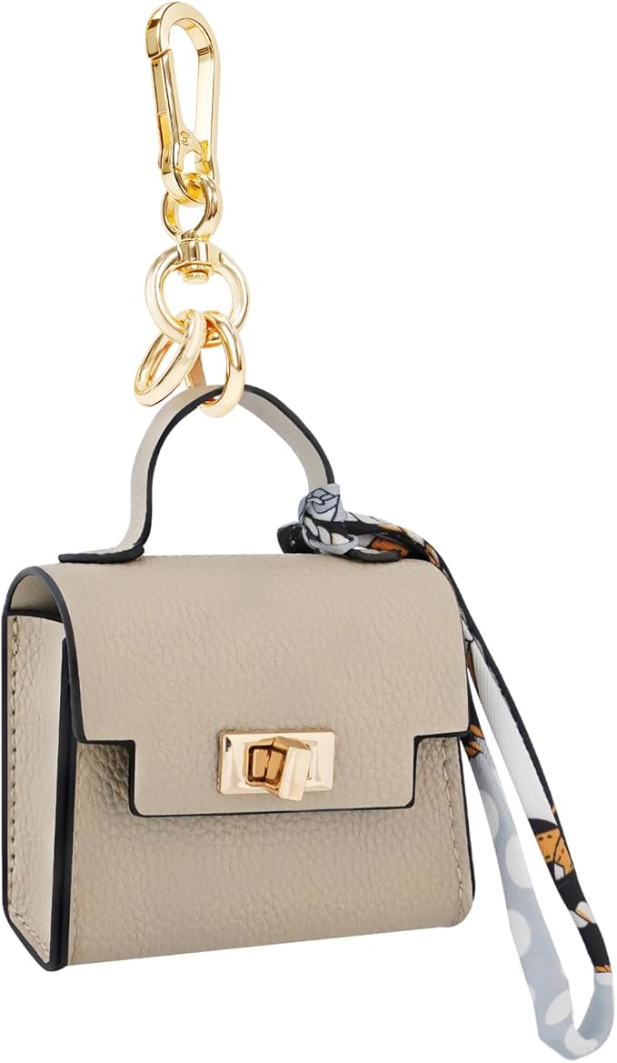 Mini Backpack Keychain, Leather Small Coin Purse for Women, Cute Hand Bag Charms with Key Holder & Twist-lock (Beige)