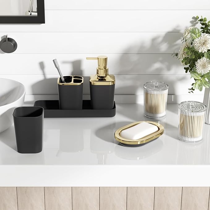XLHOMO Black Bathroom Accessories Set, Black and Gold Bathroom Accessories with Trash Can, Tray, Soap Dispenser, Soap Dish, Toothbrush Holder, Toothbrush Cup,Toilet Brush and Qtip Holders