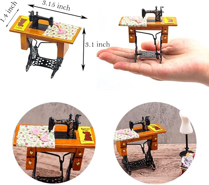 1 :12 Scale Miniature Sewing House Scene Model Accessories Simulation Vintage Sewing Machine, Sewing Box, Ironing Board