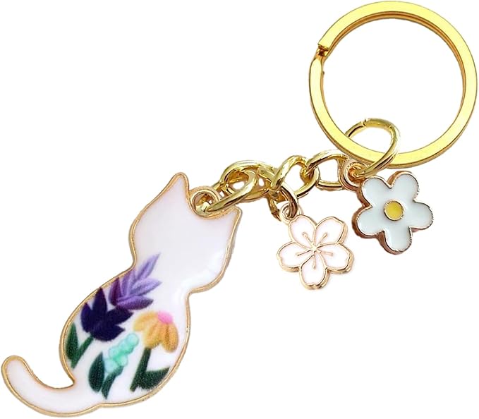 Agromusk Cute Cat Keychain, Enamel Flower Keyring Japanese Decor for Garden Cat Lovers, Kawaii Bag Charm With Sakura Flowers