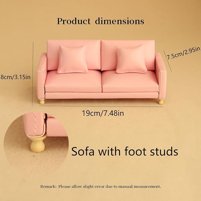 Miniature Dollhouse Leather Couch 1:12 PU Sofa Furniture Set with Cushions – Fit 1/12 Scale Accessories for Doll House Décor and 3 to 6 inches Doll Figure (Pink)