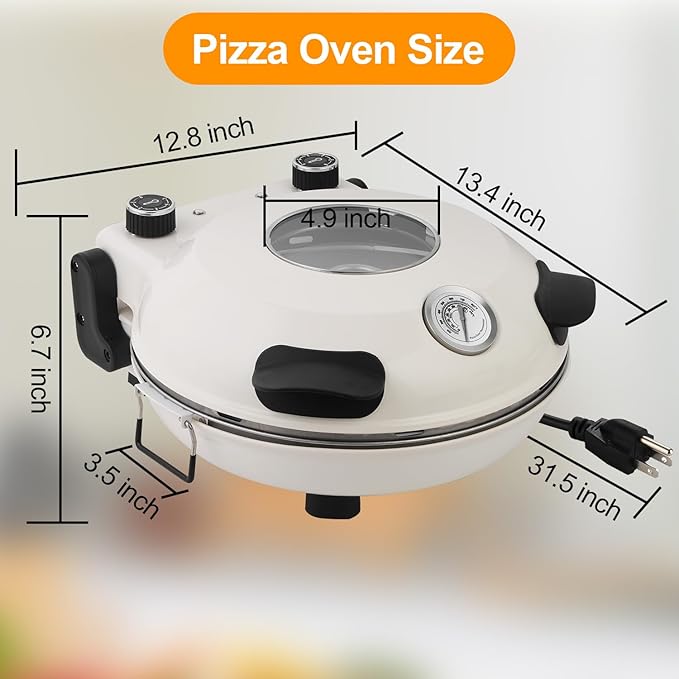ECUMFFY Pizza Oven Indoor, 12 Inch Retro Pizza Maker, Rapid Heating 800˚F, 1200W Glazed Ceramic Stone Electric Pizza Cooker, Two-button Precise Temperature Control, Viewing Window for Precise Cooking