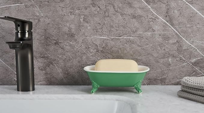 NEWHENGS 6.5" Ceramic Mini Decorative Clawfoot Bathtub Bar Soap Dish, Kitchen Sponge Holder and Shower Tray for Bathroom, 1 Pack(Mermaid)