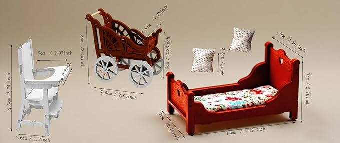 Miniature Dollhouse Furniture Set, Red and White Wooden Nursery Room Accessories with Bed, Chair, Carriage, 1/12 Scale, 5 Piece Holiday Decor (5)