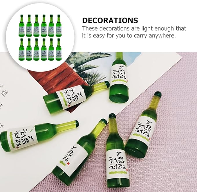 LUOZZY 12 Pcs Korean Soju Miniature Dollhouse Accessories - Mini Resin Wine and Beer Bottles - Fake Drink Models for Dollhouses