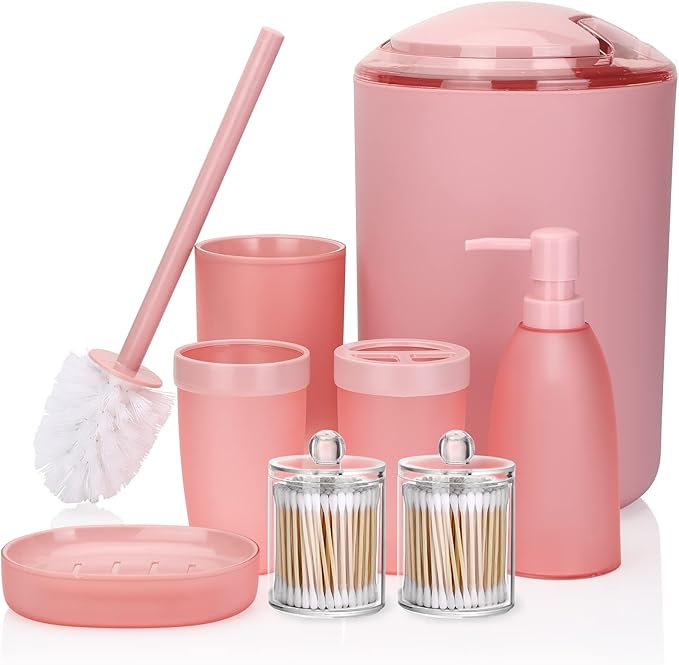OTOSTAR Bathroom Accessory Set 8 Pcs Pink Bathroom Accessories Set Bathroom Set with Trash Can Soap Dispenser Toothbrush Holder Tumbler Soap Dish Toilet Brush Holder Qtip Holder (Pink)