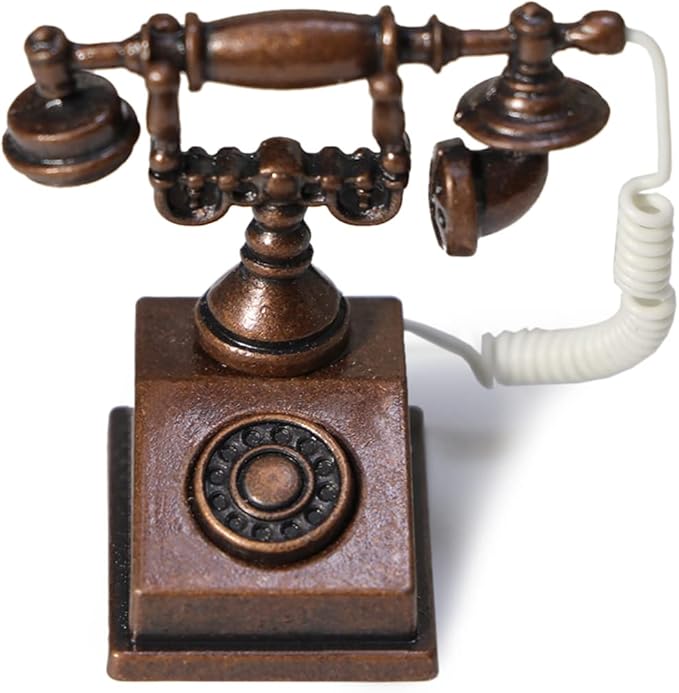 Dollhouse Telephone 1:12 Miniature Vintage Rotary Phone Model Desk Decoration Retro Mini Accessorries for Artificial House Living Room Scene (Coppery)