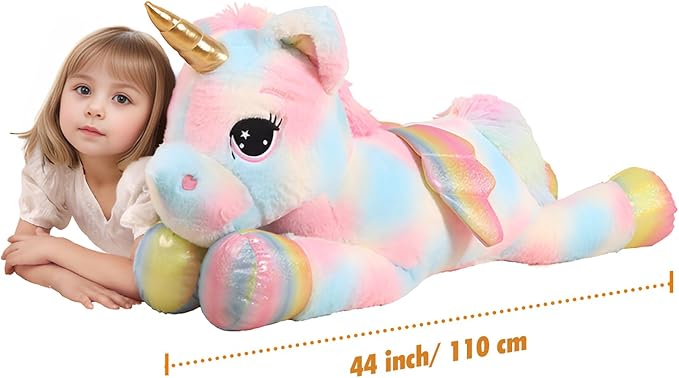 44 Inch Giant Color Unicorn Stuffed Animal Pillow, Cute Soft Big Unicorn with Rainbow Wings Large Plush Toy, Gifts for Girlfriend Girl Boy Kids Christmas Birthday Valentines