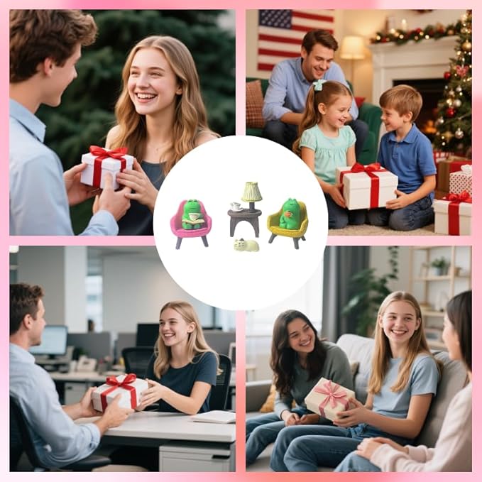 Miniature Frog Set with Sofa, cat, and Desk lamp - Cute Desk Accessories for Office Desk Decor and Home Display, Perfect as Desk Pets or Flower Frog