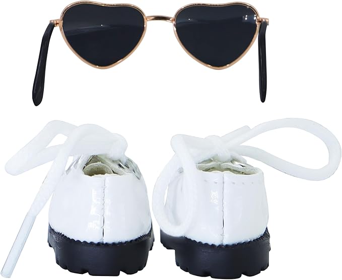Suitable for 17cm Doll Clothing Accessories Set, Cute PU Leather Lace-up Mini Oxford Shoes and Glasses Two-Piece Set (White)