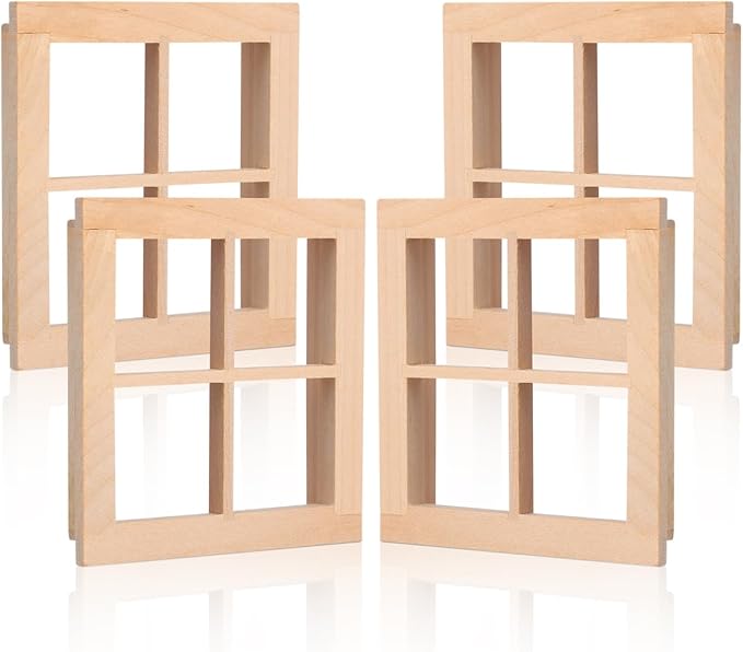 4pcs Wooden Dollhouse Windows 1:12 Scale, Miniature Window Frame Ornament Dollhouse Furniture Tiny Models for Doll Houses Decoration