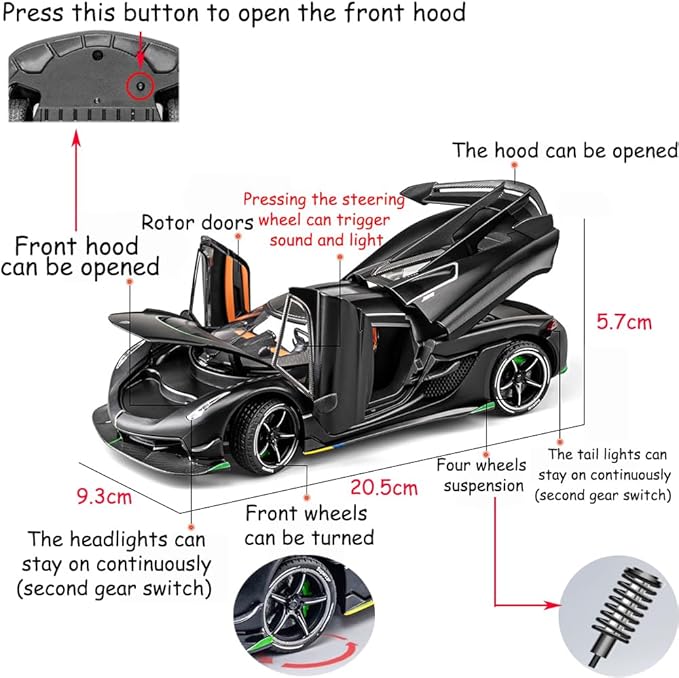 Toy Cars Model Jesko 1/24 Black Alloy Collectibles Die-cast Vehicles with Sound and Light