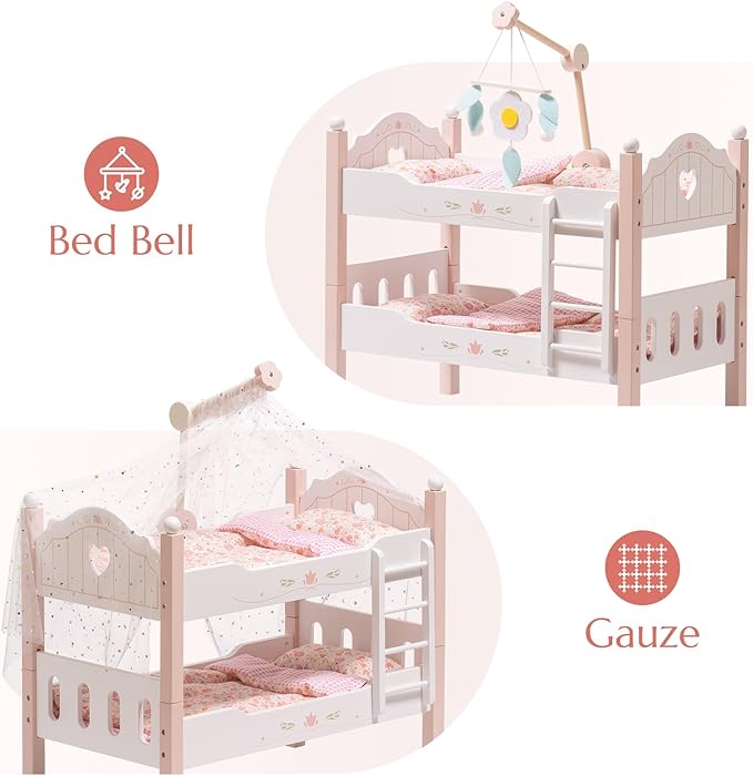 ROBOTIME Baby Doll Bunk Beds, Wooden Baby Doll Crib, Stackable Doll Bed Toy, High18 inch Dolls Furniture Fits American Girl 3+ (Pink, 2 Pcs Beds)