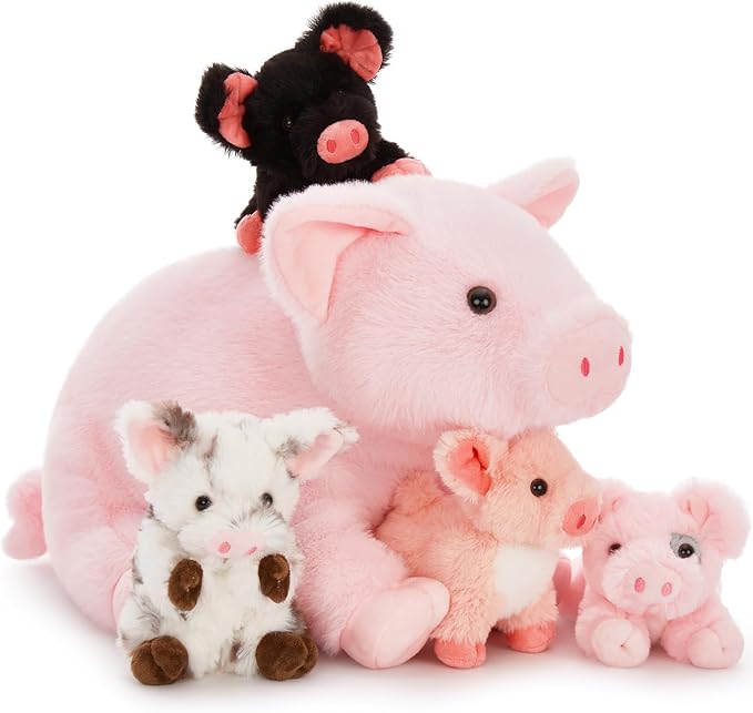 5Pcs Pig Stuffed Animal, 16 Inch Mommy Pig Plush with 4 Soft Cuddly Baby Piggy Plushies in Mother Pig's Belly, Kawaii Chirstmas Birthday Gift for Girls Boys Kids, Baby Shower Decor