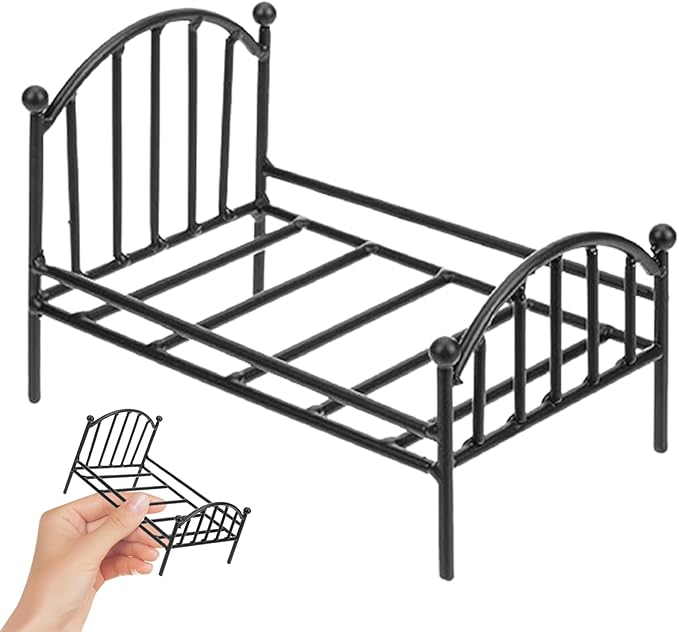 Dollhouse Bed, 1/12 Scale Miniature Metal Single Bed, Vintage Doll Bed, Dollhouse Furniture for Doll House Decoration (Black)