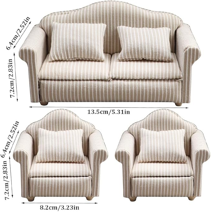 1/12 Dollhouse Couch - Miniature Double & Single Sofa with Pillow, Upholstered Armchair for Living Room or Bedroom Furniture Accessories (1 Set)