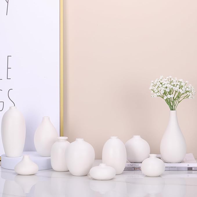 Ceramic Bud Vase Set of 10 - White mini Bud Vases in Bulk Dining Table Centerpieces, Cute Bulk Small Flower Vase for Pampas Grass&Single Flower Decor, Ideal Wedding Window Sill Aesthetic Desk Decor
