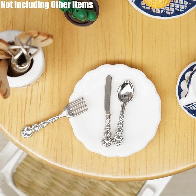 Odoria 1/12 Miniature Porcelain Tea Set Plates and Silverware Kitchen Utensils Dollhouse Accessories, Blue Blossom