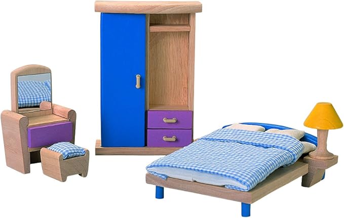 PlanToys® Wooden Bedroom Dollhouse Furniture Set for Kids | Montessori Small World and Pretend Play Learning | Eco Friendly Wooden Dollhouse Bedroom Set for Imaginative Play