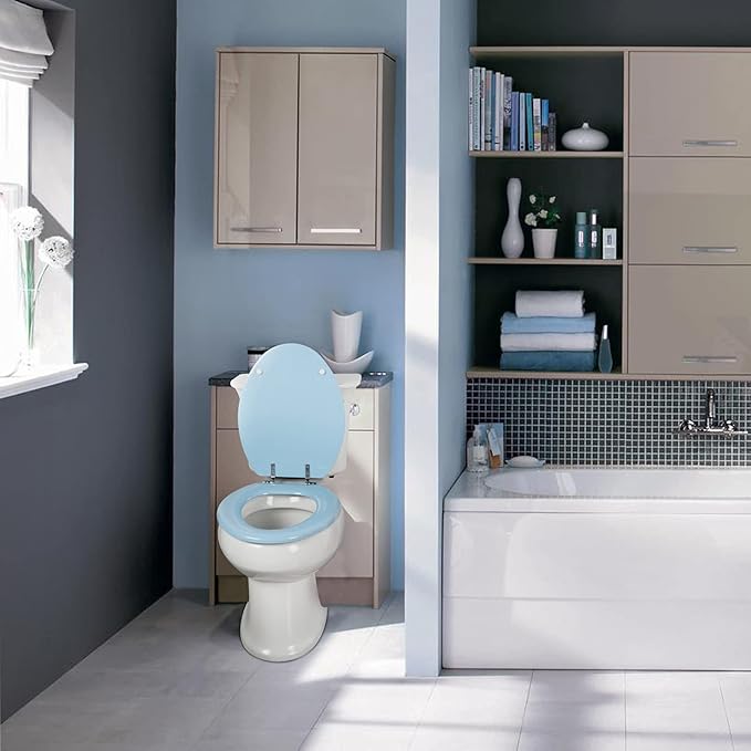 Blue Elongated Toilet Seat Natural Wood Toilet Seat with Zinc Alloy Hinges, Easy to Install also Easy to Clean, Scratch Resistant Toilet Seat by Angol Shiold (Elongated, Blue)
