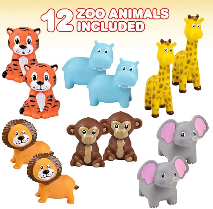 ArtCreativity Vinyl Zoo Animals Toys (Pack of 12) - Assorted Squeezable Toys Safari Animals Figures - Safari Birthday Party Favors for Kids, Jungle Figures for Fun Bath & Play Time