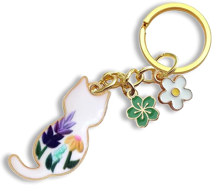 Agromusk Cute Cat Keychain, Enamel Flower Keyring Japanese Decor for Garden Cat Lovers, Kawaii Bag Charm With Sakura Flowers
