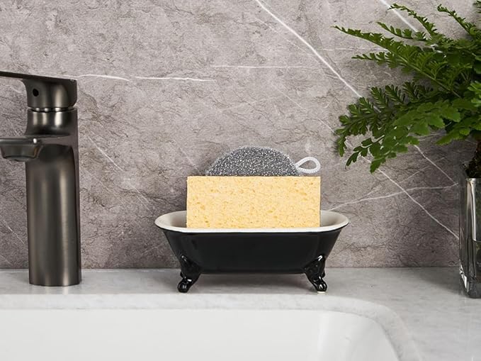 NEWHENGS 6.5" Ceramic Mini Decorative Clawfoot Bathtub Bar Soap Dish, Kitchen Sponge Holder and Shower Tray for Bathroom, 1 Pack(Black)