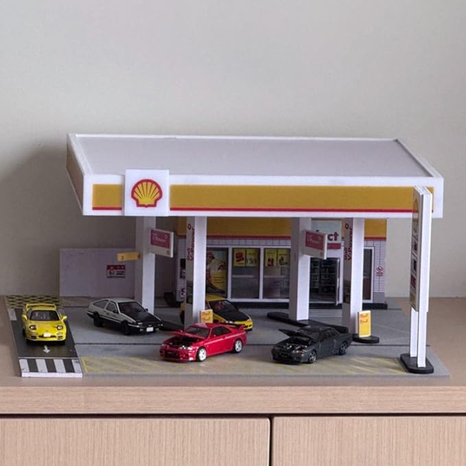 1/64 Scale Shell Gas Station Building Scene Model, Gas Station Architecture Scene, DIY Miniature Building Model for Teens (Cars & Figures Not Included)