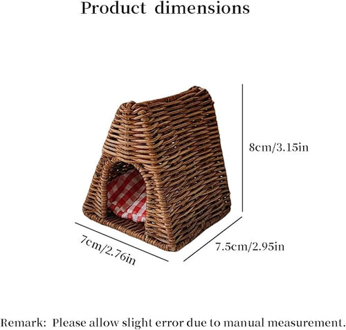 1:12 Scale Mini Rattan Dog Bed for Dollhouse Handmade Wicker Pet Bed, Cute Miniature Dog House Accessories for Doll House Decoration,Dollhouse Furniture Collection (Light) (Triangular Dark)
