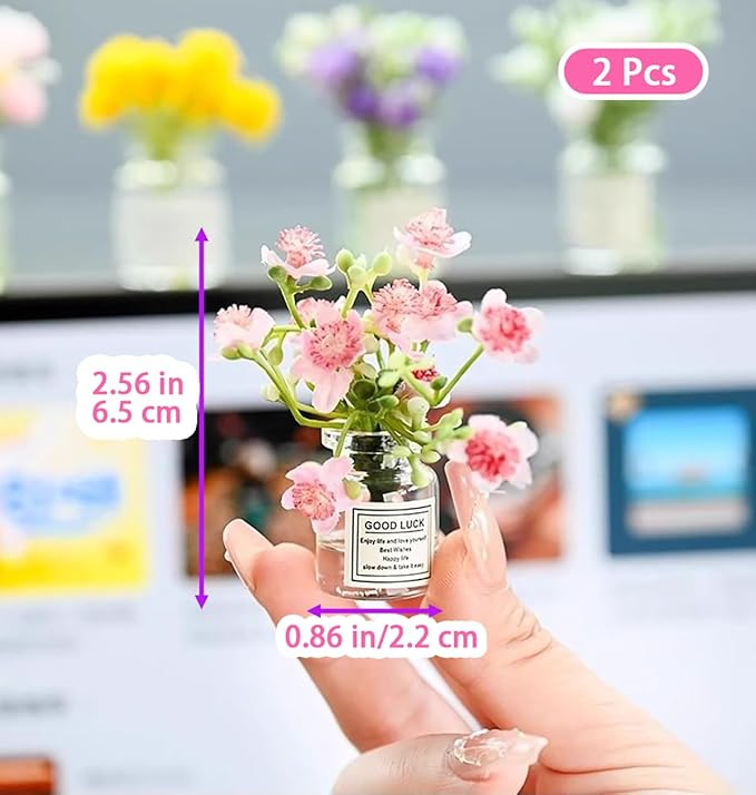 2 Pcs Miniature Flower Vases with Peach Blossoms – Handmade Dollhouse Vases for Micro Landscape, Resin Floral Decorations for Fairy Garden Scenes,Car Interior Decorations