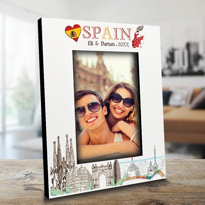 BELLA BUSTA-Personalized Europe Travel Picture Frame– Custom Spain Photo Frame with City & Country-Honeymoon, Vacation, Adventure, Favor Keepsake (Spain (Vertical))