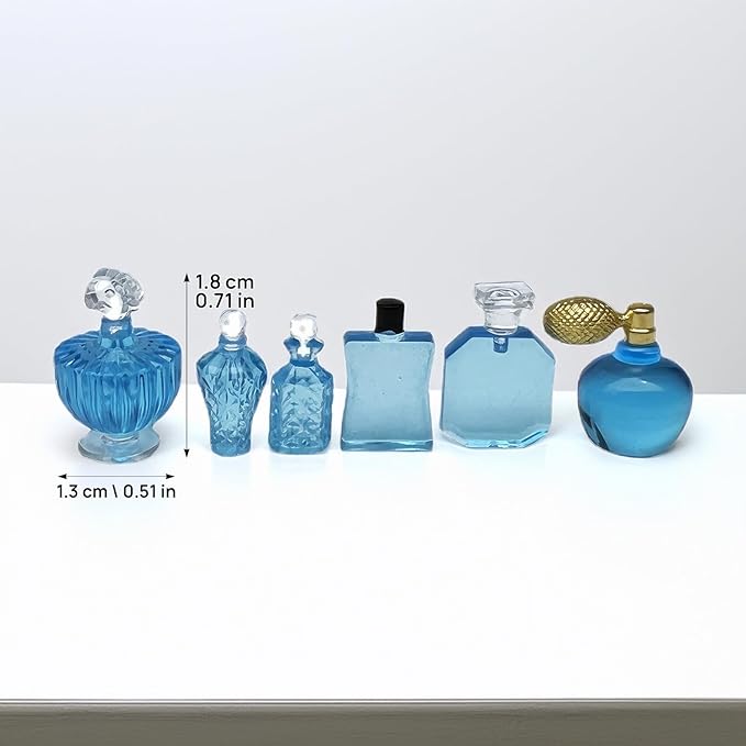 1/12 Scale Miniature Cosmetic Set: 6 Realistic Perfume Bottles for Dollhouse Bathroom & Crafts (Blue)