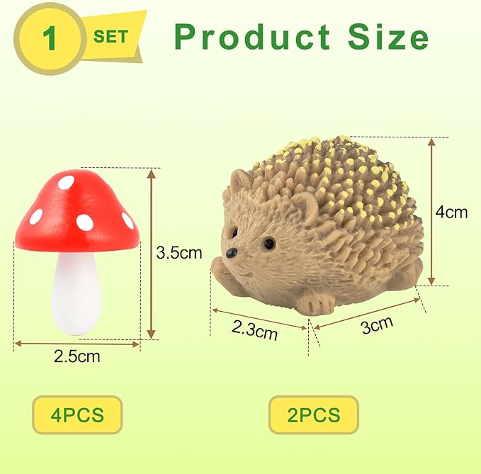 CooBigo 6 Pack Mini Mushroom & Resin Hedgehogs Figurines Micro Wood Mushroom for Fairy Garden Wild Landscape Pots Handmade DIY Decor Accessories