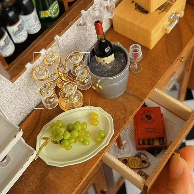 6pcs Mini Wine Glasses and Miniature Dollhouse Accessories - 1/12 Scale Accessories with Mini Wine Bottles for Doll House Girls &Women(Golden Color)