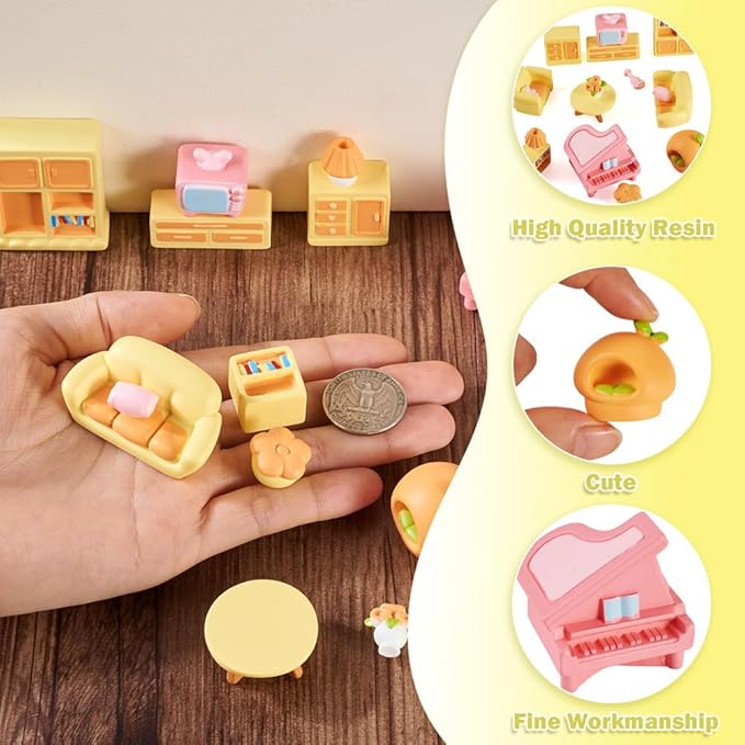 15Pcs Resin Mini Dollhouse Decor Sofa Table Bookcase Piano Living Room Miniature Furniture Set for Garden Micro Landscape Playhouse Ornament Accessories