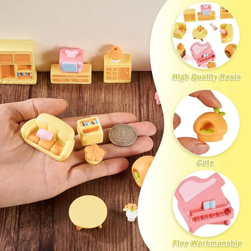15Pcs Resin Mini Dollhouse Decor Sofa Table Bookcase Piano Living Room Miniature Furniture Set for Garden Micro Landscape Playhouse Ornament Accessories