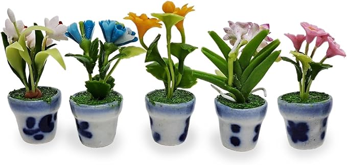 WitnyStore Tiny 1½" High 5 Pieces Set Mix Sunflower Orchid Hydrangea Zinnia - Hand Made Artificial Flowers Colorful Miniature Realistic Clay Flower Plant Pots Blooming House Plants Indoor Decoration