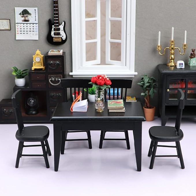 Black Chairs 5Pcs Miniature Table and Chairs, Mini Dining Table Set for 4, Doll House Black Wooden Miniature Furniture and Accessories Furniture