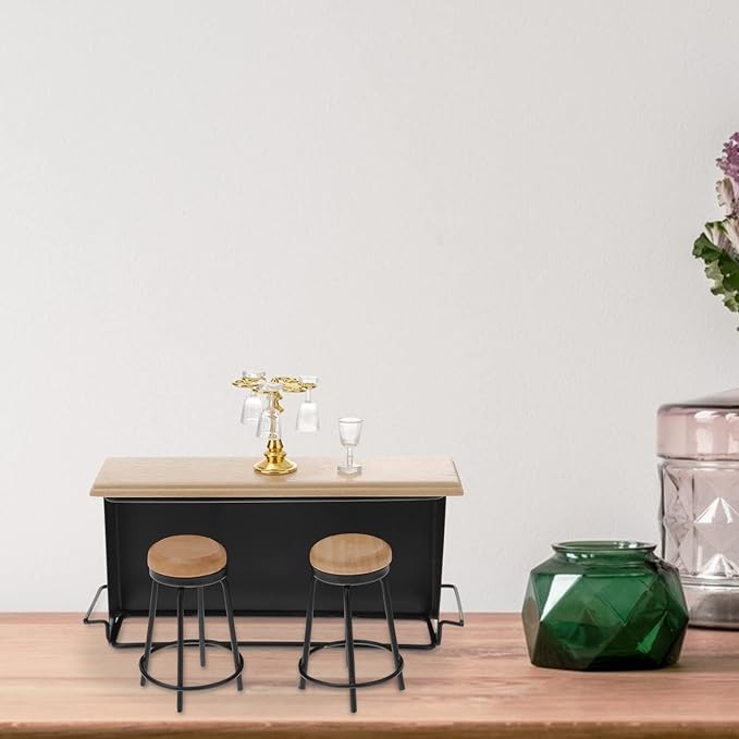 Wooden Mini House Bar Furniture: Miniature Bar Counter Chair Miniature Pub Wine Bottle Photography Layout Props Desktop Decor for Mini House DIY Pubs 8pcs