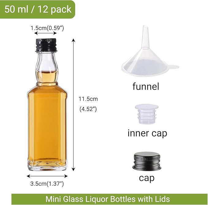 BPFY 12 Pack 1.5oz Hot Sauce Bottles, Mini Glass Liquor Bottle With Lids for Sauce, Wine, Alcohol, Vodka, Whiskey (1.5oz)