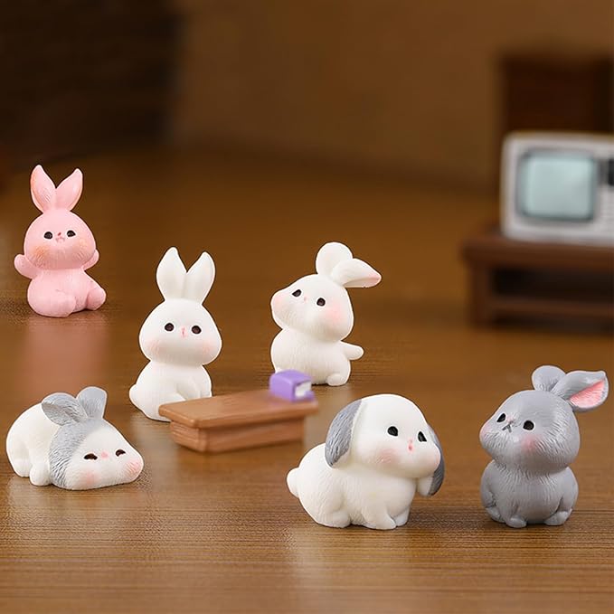 Cayway 8 PCS Fairy Garden Accessories, Mini Rabbit Set, Plastic Rabbits Miniature Resin Animals for Home Decor Fairy Garden Mini Moss Landscape Decor