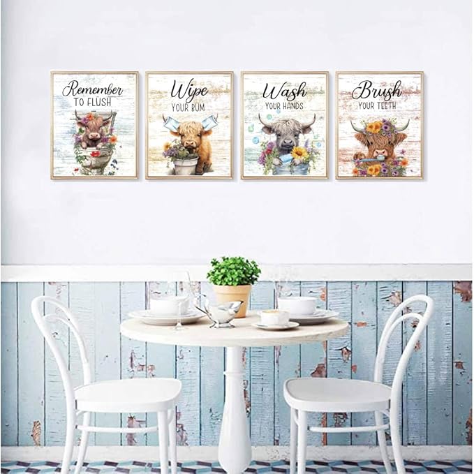 Highland Cow Bathroom Rules Vintage Bathroom Wall Decor Set of 4(8"x10")Unframed, Wooden Rustic Bathroom Decor Wall Art Funny Highland Cow Bathroom Signs Pictures Decor Hanging Decorations for Farmhouse Toilet Bathroom