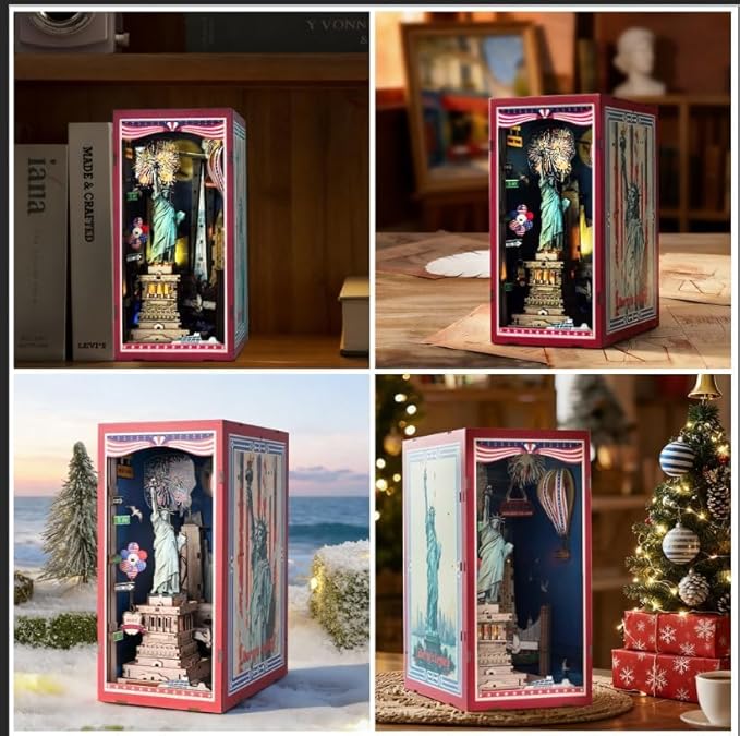 Book Nook Kit, DIY Miniature House Dollhouse Crafts Kit for Adults and Teens, The Statue of Liberty New York Cityline 3D Wooden Puzzle Booknook Build Bookshelf Decor Gifts（Liberty's Legacy）