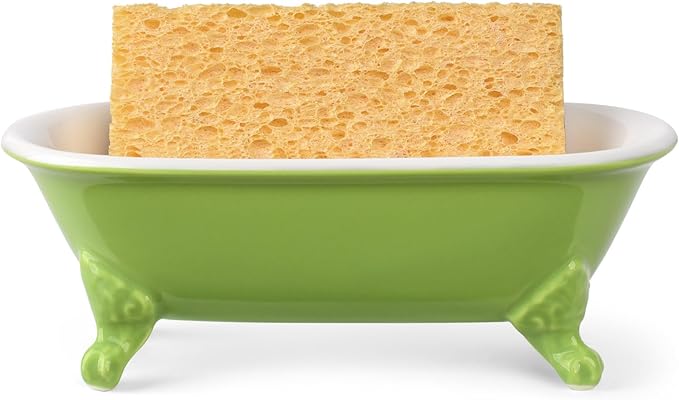 NEWHENGS 6.5" Ceramic Mini Decorative Clawfoot Bathtub Bar Soap Dish, Kitchen Sponge Holder and Shower Tray for Bathroom, 1 Pack(Lime)